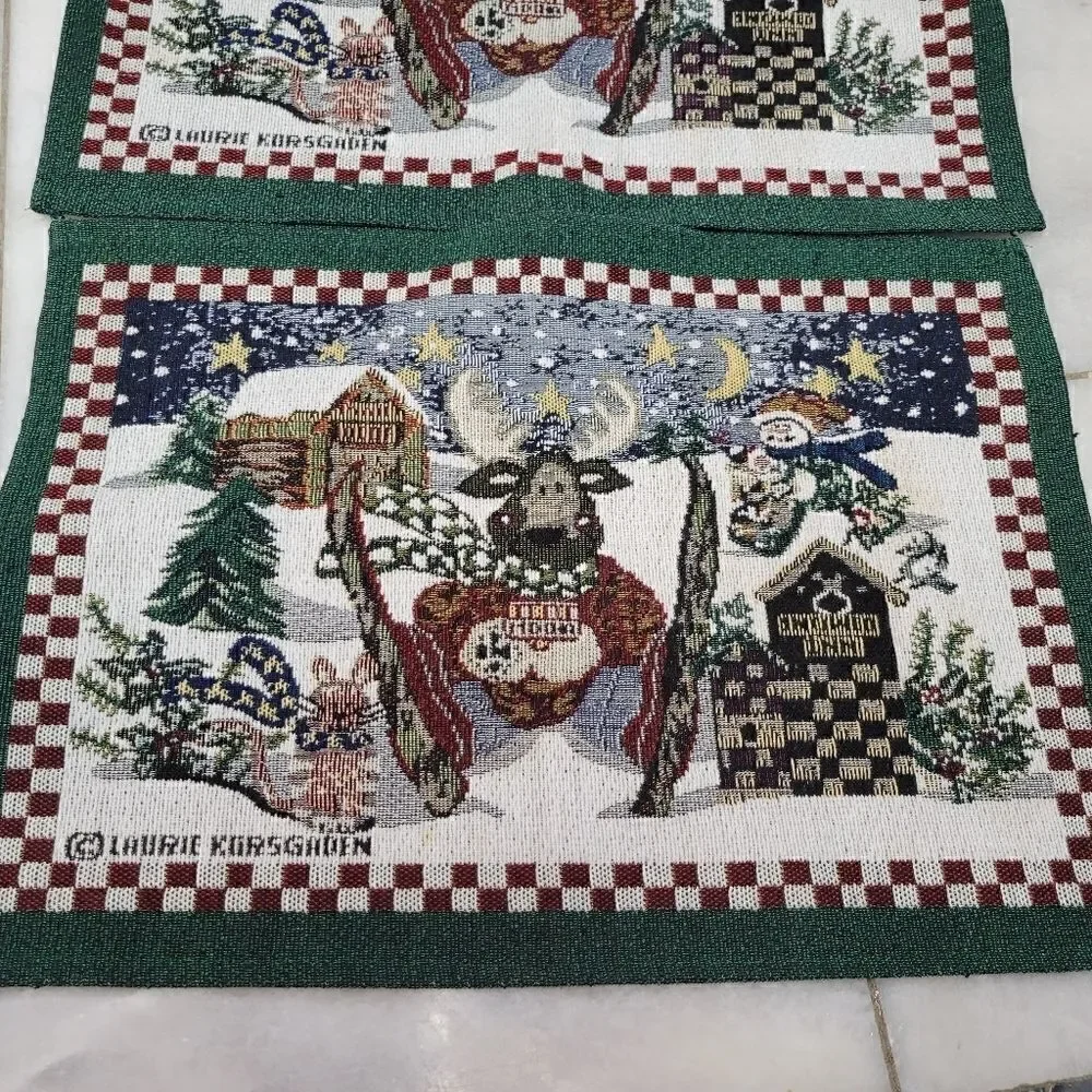 Lorie Korsgaden Cottage Cozy Moose Ski Christmas Embroidery Placemats, set of 2